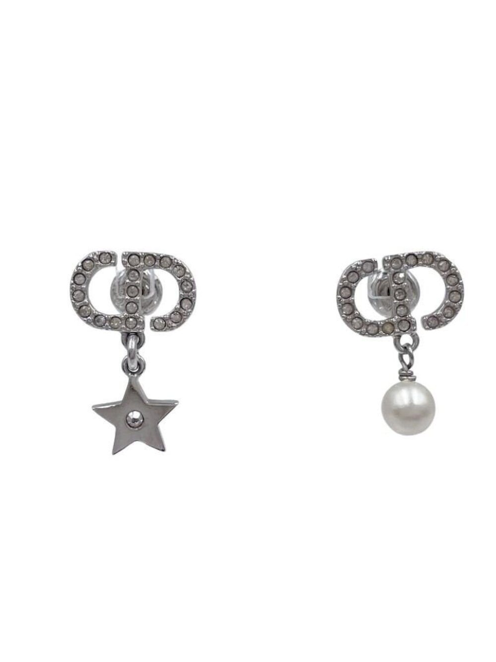 Dior Earrings Petit CD Lucky Charms Silver Metal Rhinestone Faux Pearl